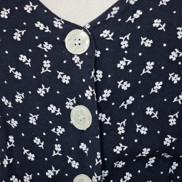 VTG 90s Size‎ M Navy Floral Shirt Dress Long Maxi Sleeveless Rayon Laceup Back - Picture 8 of 11